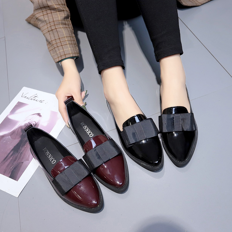 Shoes For Women Flats - Black/ Wine Red Patent Leather Pointed
